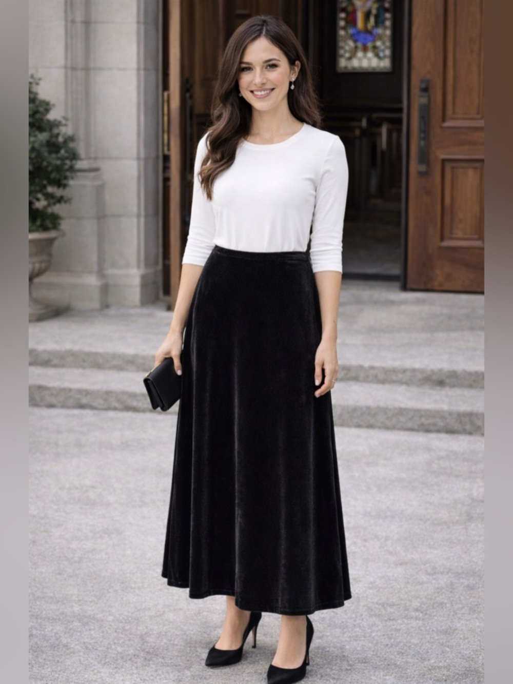 Vintage Black Velour Maxi Skirt | 90s Velvet A-Line Long Skirt Holiday Glam